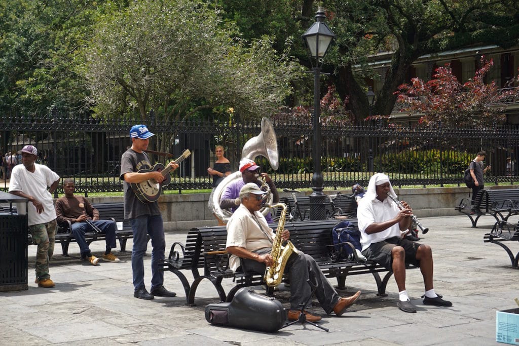 Jazz musicians performing in Jackson Square, New Orleans